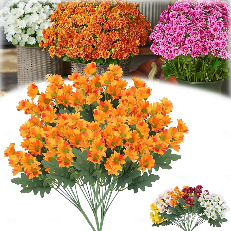 5 Bundles Fall Artificial Mums Flowers Sunset Mums, Outdoor Faux Fall Flowers with Daisies and Eucalyptus, UV Resistant Waterproof Windproof Lifelike Full Bloom Plants for Garden, Porch, Patio4