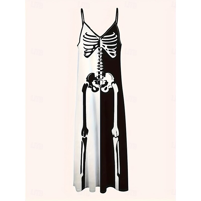 Halloween Women's Skulls Print Maxi Dress Sundress A Line Dress Slip Dress Vacation Casual Home Party Regular Fit Graphic Skull Ethnic Sleeveless V Neck Spaghetti Strap Black And White Fall Winter2
