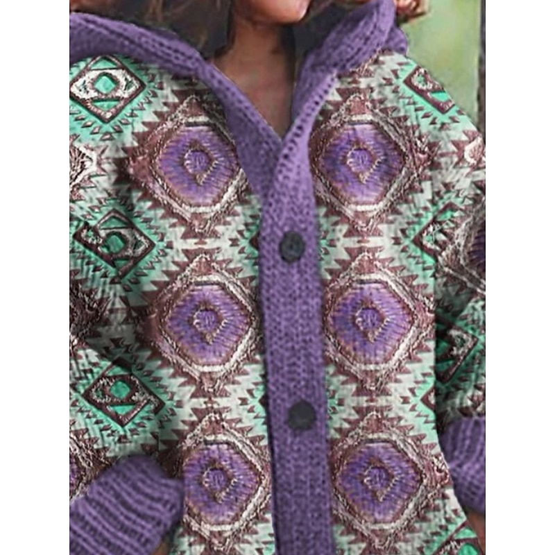 Women's Cardigan Vacation Vintage Daily Graphic Color Block Ribbed Hooded Knitted Print Front Pocket Long Sleeve Regular Tops Knit Outdoor Daily Holiday Blue Purple Fall Winter2