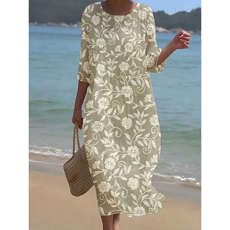 Women's Maxi Dress Kaftan 3/4 Length Sleeve Crew Neck Casual Dress A Line Dress Boho Loose Fit Floral Graphic V Neck White Yellow Light Green Green Spring Fall2