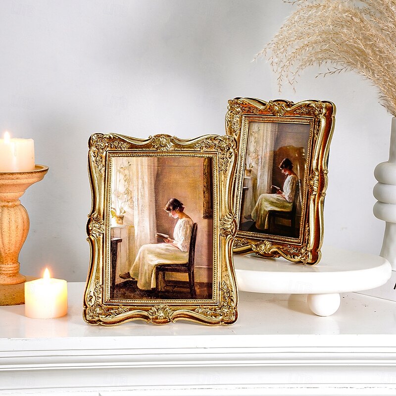 Vintage Baroque Style Resin Photo Frame – Ornate 3D Embossed Gold Picture Frame for Tabletop Display, Horizontal & Vertical Desktop Decor for Bedroom, Office, Living Room
