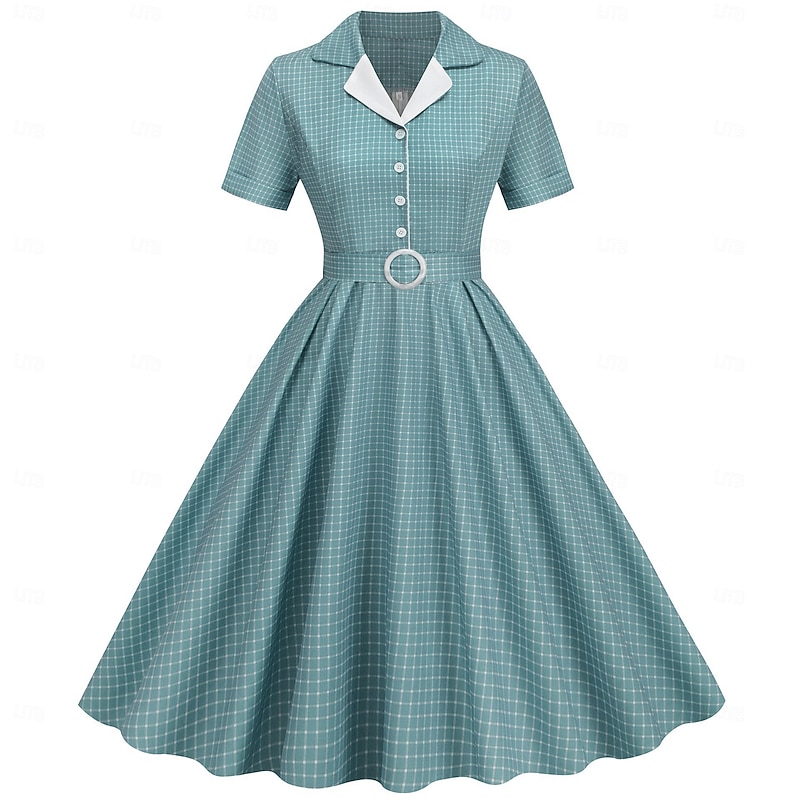 Retro Vintage 1950s Rockabilly Knee Length Swing Dress Flare Dress Shirt Dress With Belt Plaid Fancy Dress Women's Carnival Masquerade Tea Party Casual Daily Retro Theme Party Adults' Dress Spring2