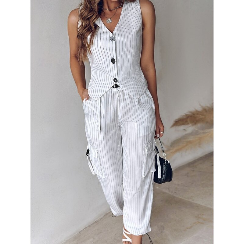 Women's Fashion Streetwear Pants Sets Sleeveless V Neck Striped Print Casual Daily Black White Green Summer Regular Fit