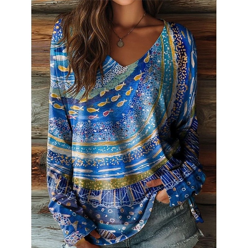 Women's T Shirt Floral Graphic Plants Vintage Stylish Casual Long Sleeve V Neck Regular Tops Daily Weekend Print Pink Blue Gray Light Blue Summer Spring Fall2