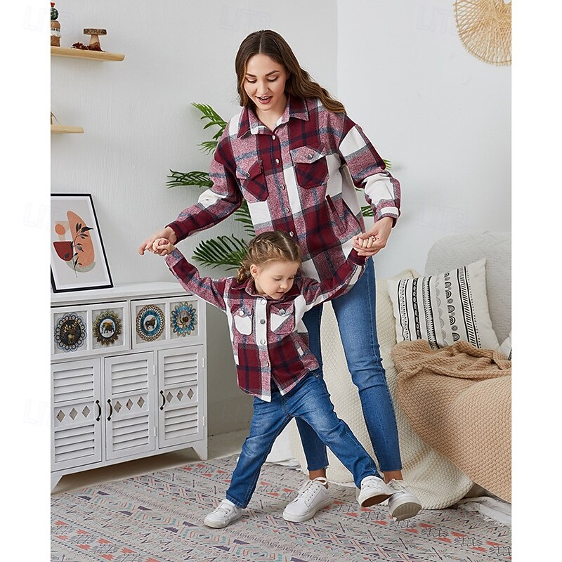 Mommy and Me Shirts Plaid Street Print Pink Red Purple Long Sleeve Active Matching Outfits2