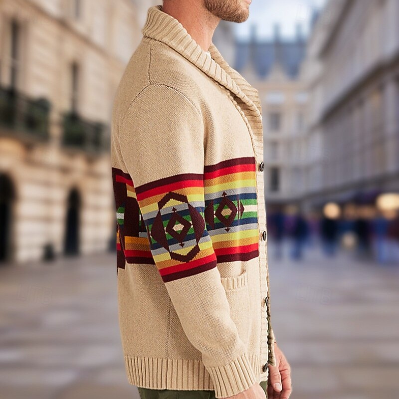 Men's Cardigan Sweater Cropped  Sweater Knit Sweater Ribbed Knit Regular Tops Pocket Buttons Stripe Lapel Fashion Classic Vacation Daily Wear Clothing Apparel Fall Winter khaki M L XL3