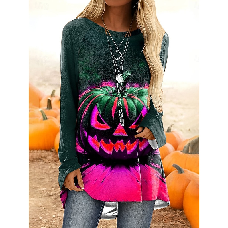 Halloween Women's T shirt Pumpkin Ombre Graphic Vintage Stylish Classic Long Sleeve Crew Neck Long Tops Daily Print Pink Blue Orange Green Spring Fall3