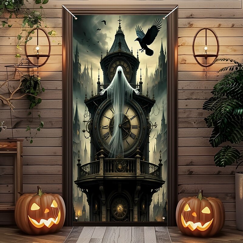 Halloween Door Cover Outdoor Banners Witch Banshee Psychedelic Dark Punk Gothic Style Party Outdoor Shooting Backgrounds Front Door Wall Porch Home Decor3