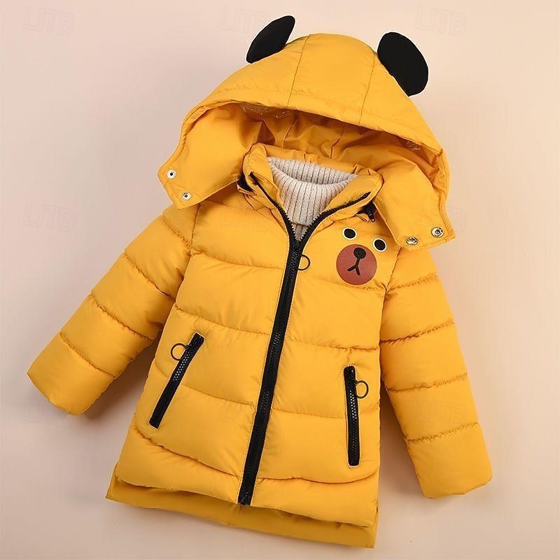 Kids Boys' Down Coat Hoodie Jacket Outerwear Bear Long Sleeve Zipper Pocket Coat Casual Adorable Daily Black Yellow Army Green Winter 4 years+