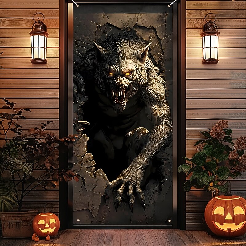 Halloween Door Cover Outdoor Banners Broken Effect Werewolf 3D Dark Punk Gothic Style Party Outdoor Shooting Backgrounds Front Door Wall Porch Decorations Wall Door Background