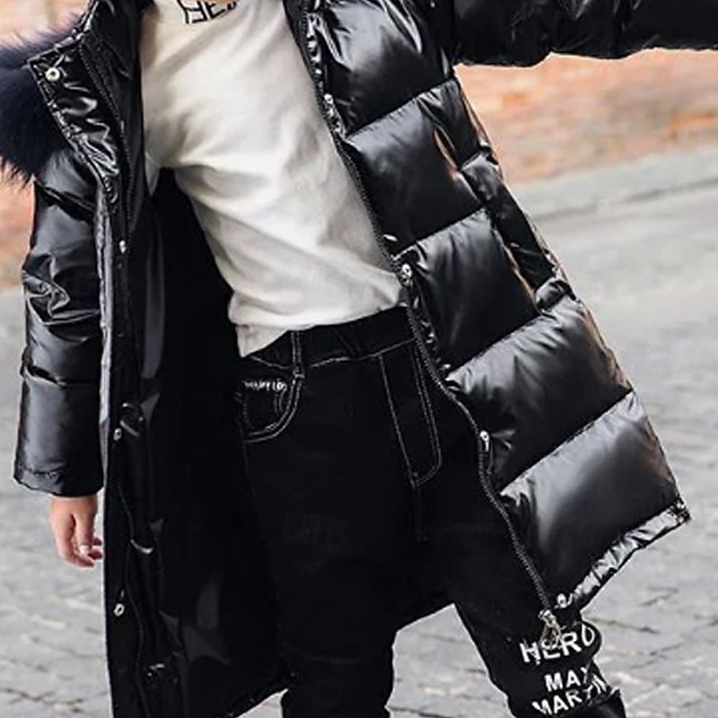 Kids Unisex Down Coat Hoodie Jacket Outerwear Solid Color Long Sleeve Zipper Pocket Coat Outdoor Daily Black Blue Fall Winter 4 years+