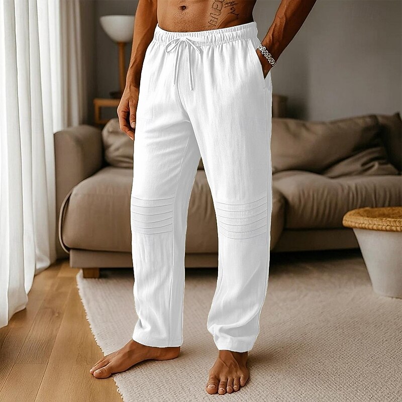 Men's Linen Pants Trousers Summer Pants Baggy Pants Elastic Waist Pleats Straight Leg Plain Comfort Breathable Full Length Outdoor Casual Daily Vacation Fashion Black White Inelastic3