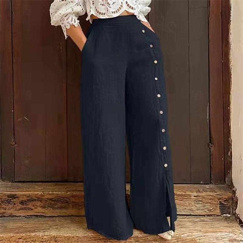 Women's Wide Leg Pants Trousers Palazzo Pants Fashion Streetwear Full Length High Waist Plain Elastic Waist Side Button Breathability Comfortable Street Daily Wear Going out Navy Blue Apricot Summer4