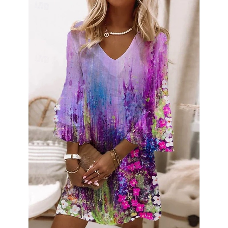 Women's Mini Dress Sundress A Line Dress Bohemia Vacation Casual Party Regular Fit Floral Graphic Abstract 3/4 Length Sleeve V Neck Pink Purple Light Blue Spring Fall3