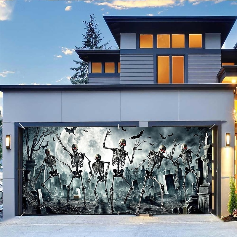 Halloween Garage Door Cover Large Hanging Backdrop Skeleton Cemetery 3D Dark Punk Gothic Style Party Outdoor Shooting Backgrounds Front Door Home Decor2