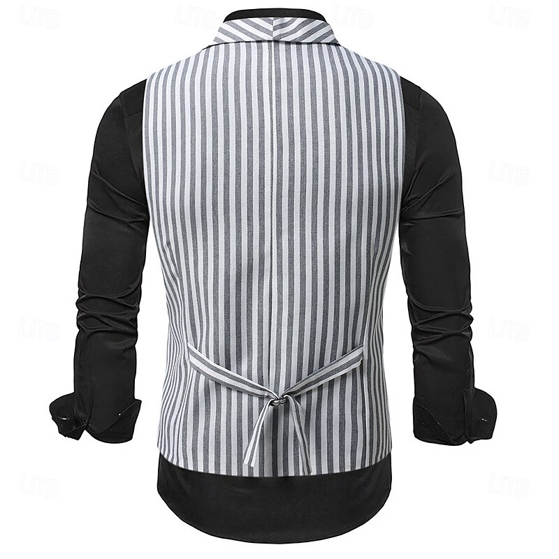 Men's Waistcoat Cocktail Attire Wedding Guest Casual Vintage Spring Fall Double Breasted Polyester Adjustable Striped Slim Fit Light Grey Dark Gray Vest3