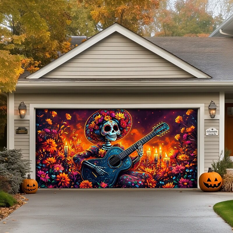 Day of the Dead Garage Door Cover Large Hanging Backdrop Marigold Dark Punk Gothic Style Party Outdoor Shooting Backgrounds Front Door Home Decor4