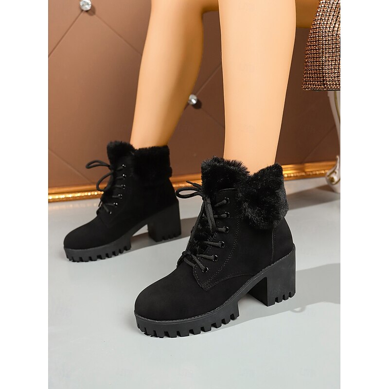 Women's Black Lace-Up Fur Lined Ankle Boots – Chunky Heel Winter Booties with Lug Sole for Cold Weather, Casual & Outdoor Wear