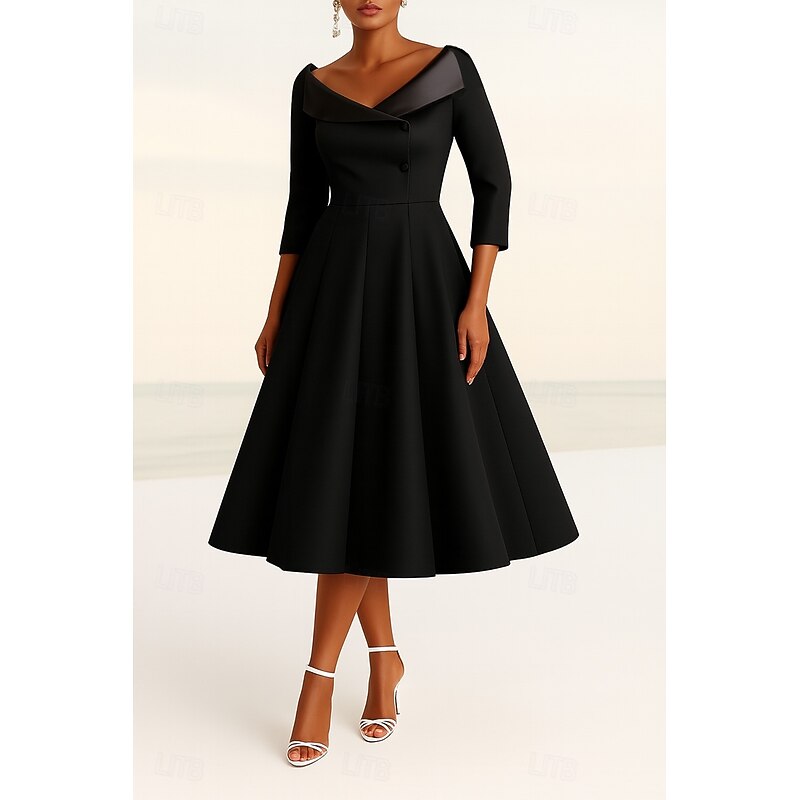 Tuxedo Dress A-Line Formal Wedding Guest Stretch Fabric Elegant Simple Minimalist 3/4 Length Sleeve Knee Length V Neck Lapel2