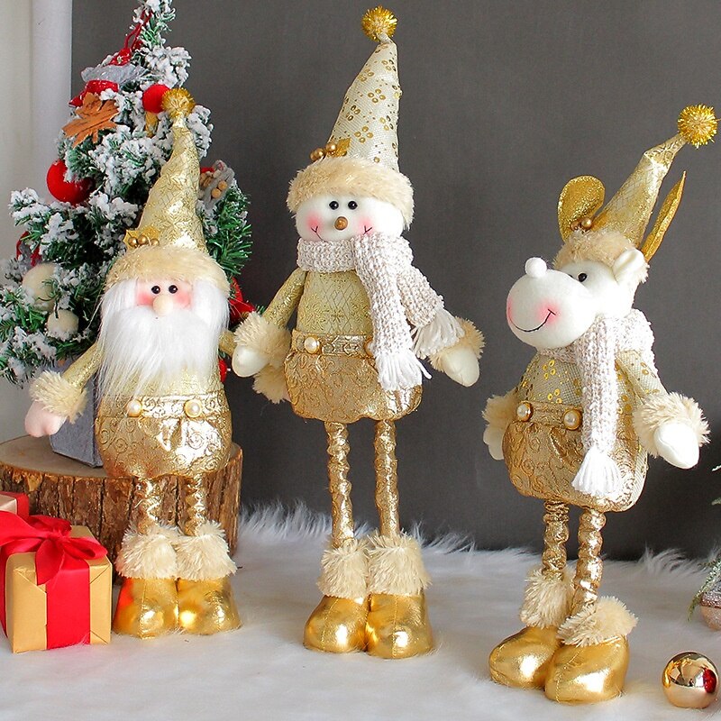 Christmas Santa and Snowman Stretchable Dolls Gold Holiday Standing Figurines Festive Christmas Decoration Cute Seasonal Home Display Gift Idea