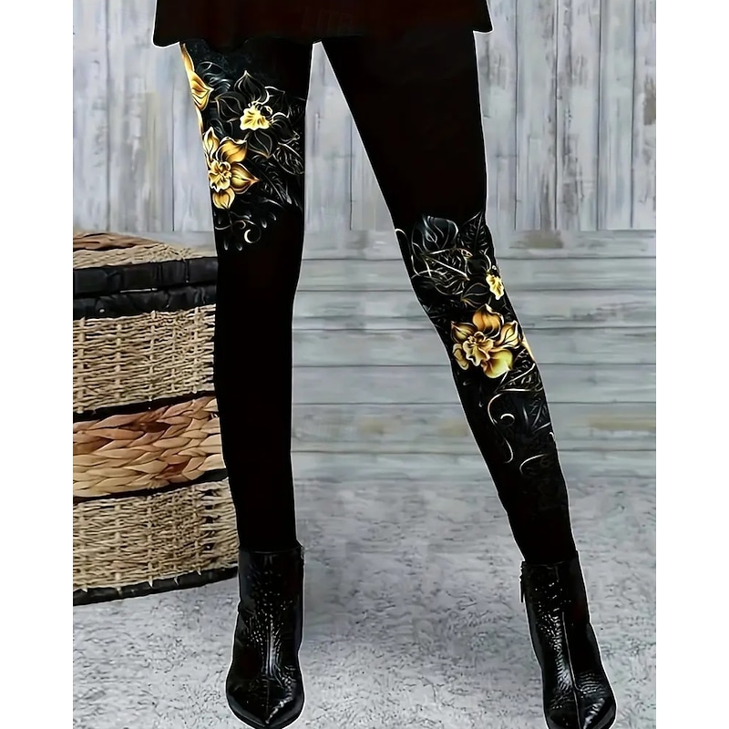 Women's Pants Trousers Leggings Cozy Leggings Streetwear Casual Full Length High Waist Floral Elastic Waist Print Breathability Comfortable Stretchy Vacation Street Daily Wear Black Summer Spring Fall