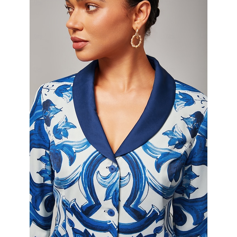 Women's Blue and White Porcelain Print Blazer Notched Lapel Color Blocking Design Elegant Stylish Casual Lined Work Daily Fashion Fall2