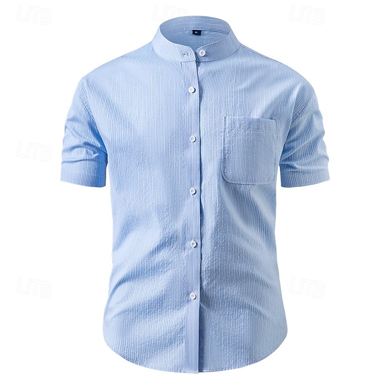 Men's Shirt Summer Shirt Casual Shirt Beach Shirt Button Up Shirt Blue Gray Short Sleeve Stripe Band Collar Vacation Hawaiian Pocket Clothing Apparel Fashion Casual Comfortable