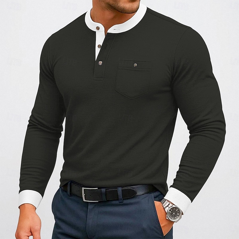 Men's Henley Shirt Tee Top Cotton Blend T-Shirt Long Sleeve Color Block Solid Fashion Designer Basic Patchwork Stand Collar Henley Vacation Street Casual Spring &  Fall All Seasons Black Navy Blue3