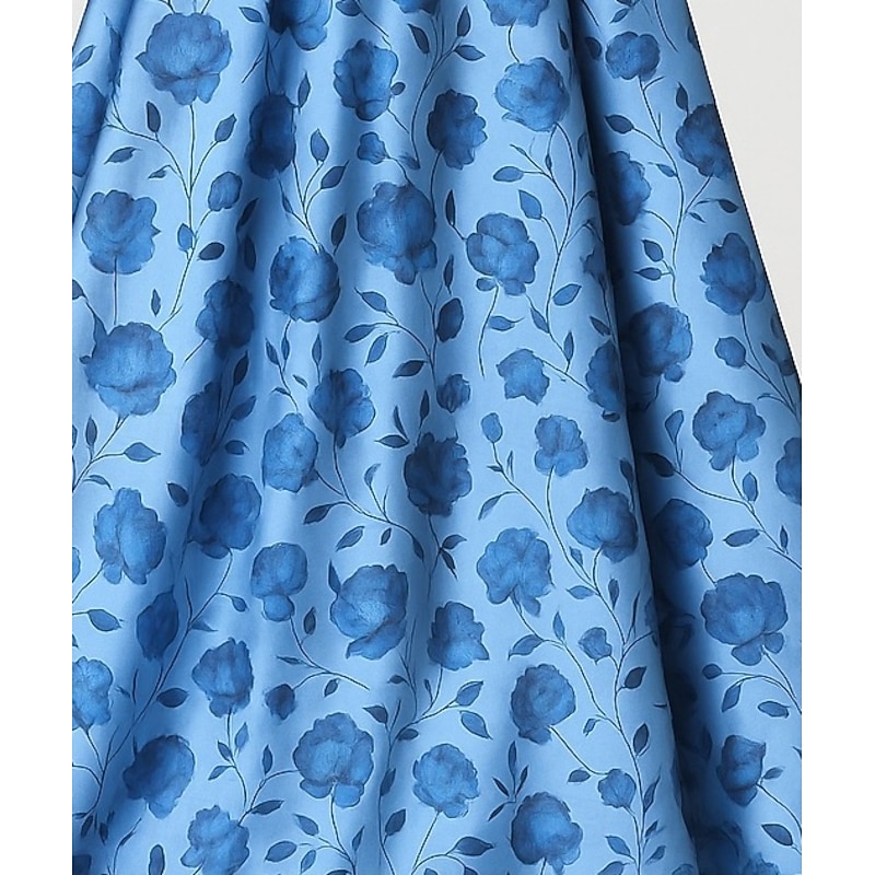 Blue A-Line Evening Gown Elegant Dress Formal Wedding Floor Length Short Sleeve Crew Neck Pocket Satin with Floral Print 20253