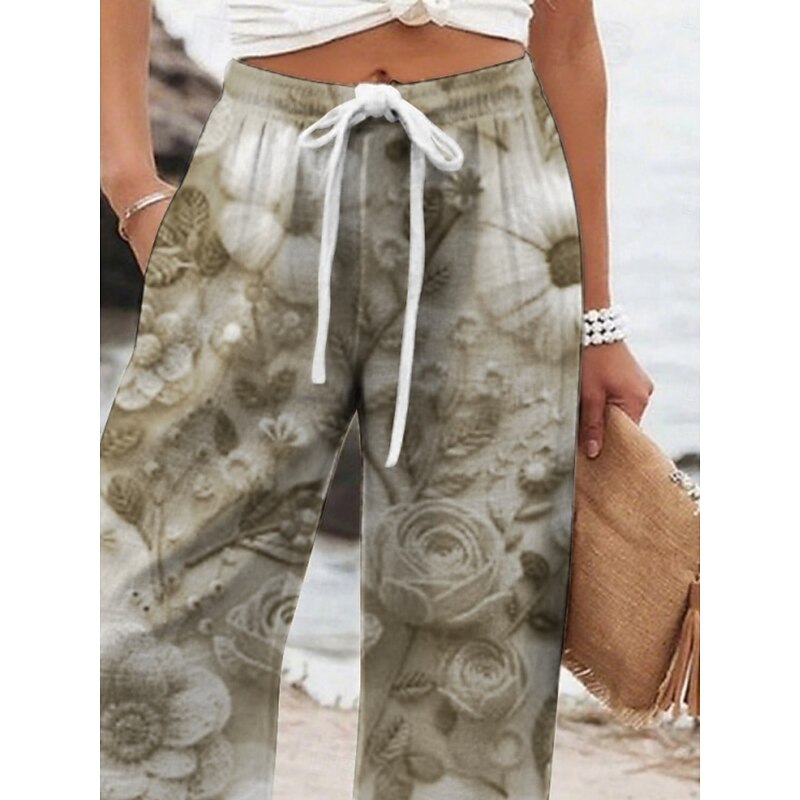 Women's Wide Leg Pants Trousers Vacation Casual Long High Waist Floral Feather Elastic Waist Printing High Cut Breathability Soft Micro-elastic Vacation Street Daily Wear White Green Spring Fall2