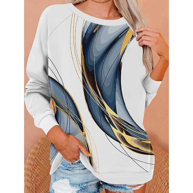 Women's Sweatshirts Graphic Geometric Abstract Fashion Casual Long Sleeve Crew Neck Regular Tops Casual Print White Blue Fuchsia Orange Dark Blue Summer Spring Fall2