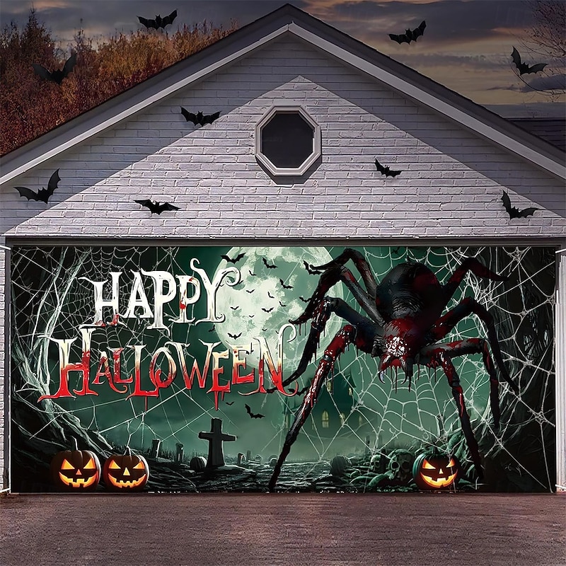 Halloween Garage Door Cover Large Hanging Backdrop Spider Dark Punk Gothic Style Party Outdoor Shooting Backgrounds Yard Haunted House Home Decor3