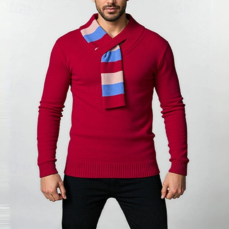 Men's Pullover Sweater Jumper Knit Sweater Ribbed Knit Regular Tops Knitted Stripes V Neck Fashion Basic Vacation Daily Wear Clothing Apparel Fall Winter Black Red M L XL2