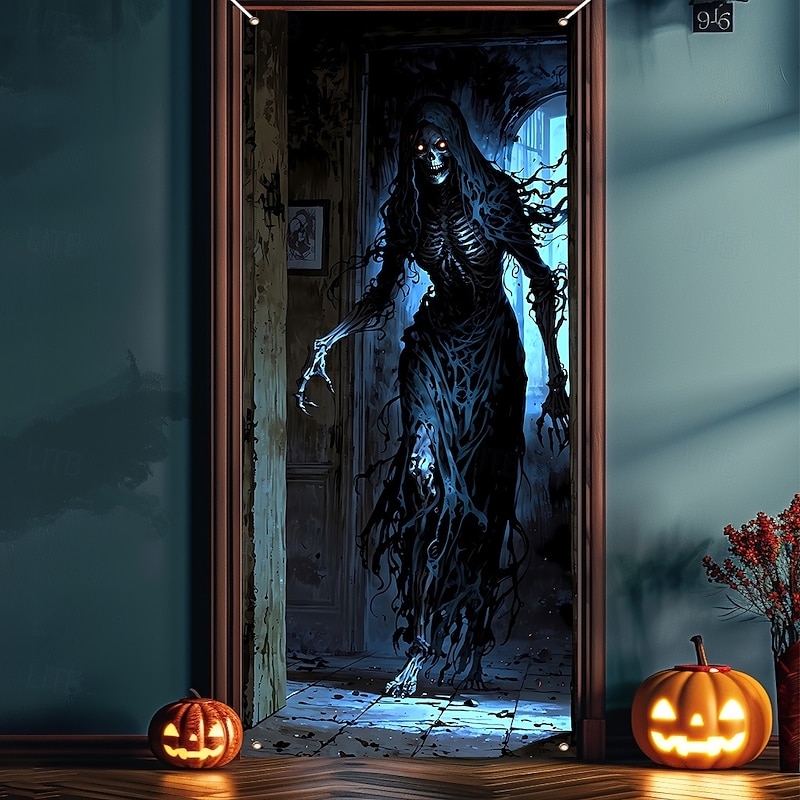 Halloween Door Cover Outdoor Banners Ghost Tree Demon 3D Dark Punk Gothic Style Party Outdoor Shooting Backgrounds Front Door Wall Porch Home Decor