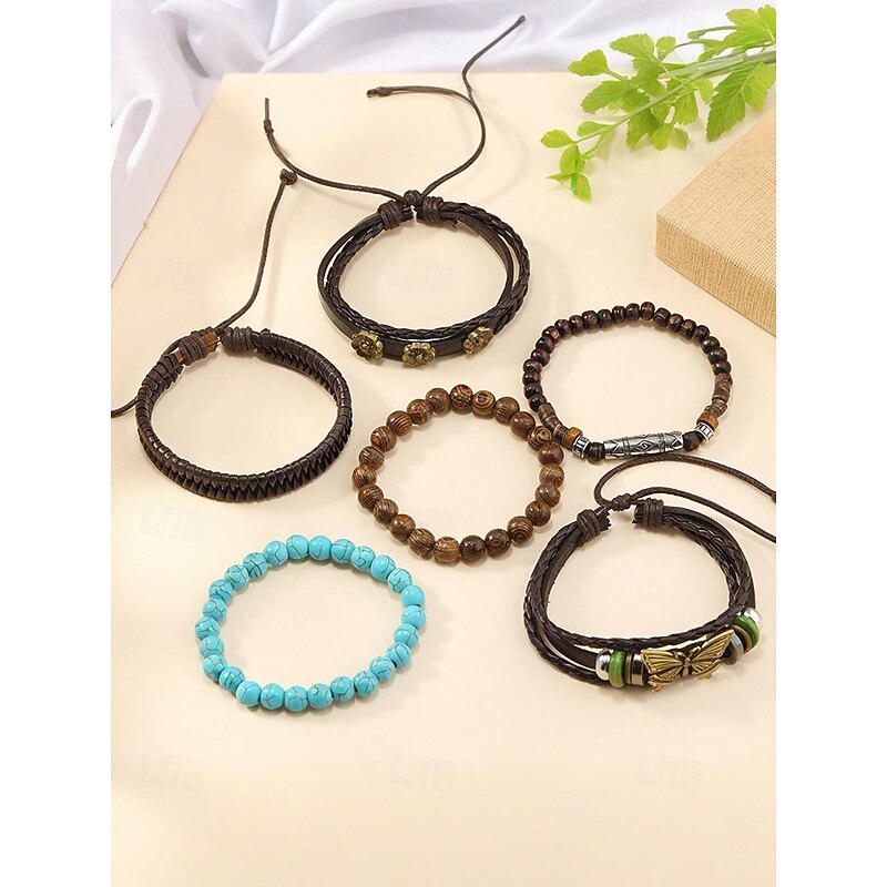 Women's Bohemian Leather and Wooden Beaded Bracelet Set – Vintage Butterfly Charm, Multilayer Turquoise Stack for Casual, Travel and Summer Festivals4