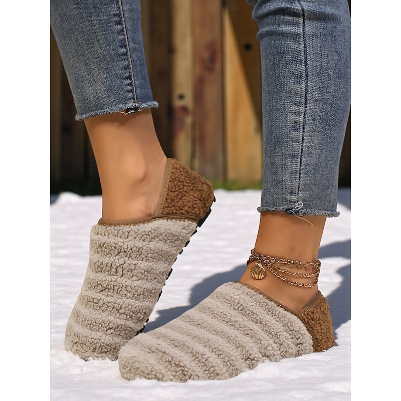 Women's Striped Fuzzy Sherpa Slippers with Anti-Slip Sole – Cozy Winter Indoor Shoes for Home, Bedroom and Relaxation