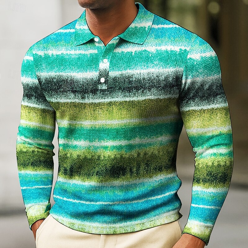 Men's Striped Waffle Polo Shirts Long Sleeve Polo Shirts Collared Shirts Vintage Athleisure Daily Wear 3D Print Buttons Spring Fall Red Blue Green2