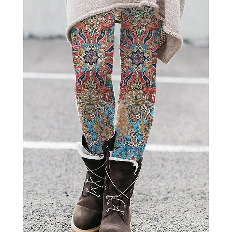 Women's Leggings Vacation Vintage Fashion Full Length High Waist Graphic Paisley Plaid Drawstring Patchwork Printing Thermal Warm Soft Breathable Stretchy Vacation Street Causal Dark Brown Dark4