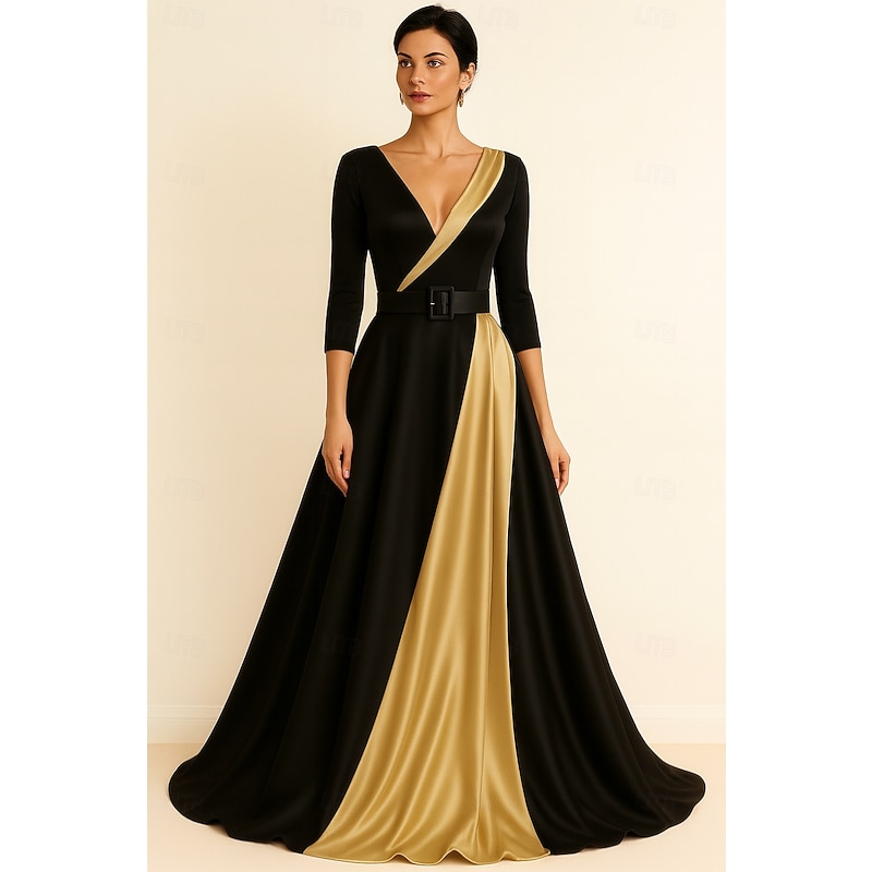 Black Gold A-Line Evening Gown Elegant Dress Formal Wedding Floor Length Long Sleeve V Neck Pocket Satin with Pleats 2025