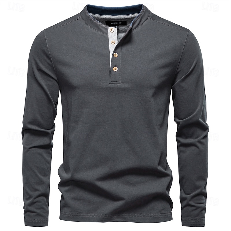Men's Cotton Shirt Long Sleeve Solid Cool Daily Casual Buttons Henley School Training Outdoor All Seasons Dark Grey White Blue Henley T-Shirt