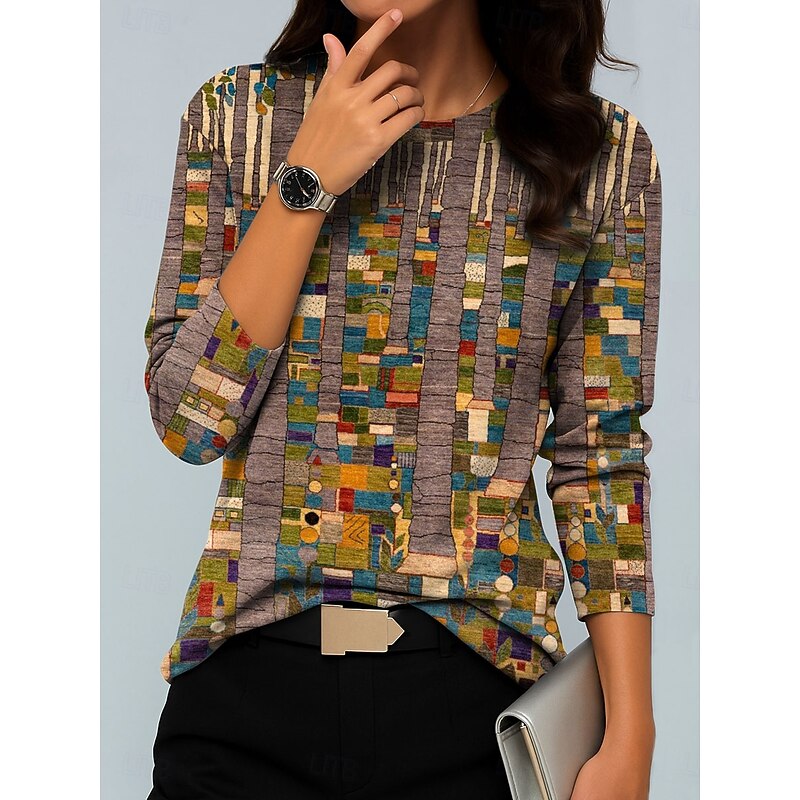 Women's Hoodies Graphic Geometric Color Block Vintage Fashion Casual Long Sleeve Round Neck Regular Tops Casual Print Blue Purple Green Khaki Fall Winter