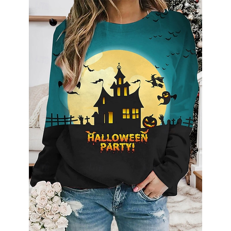 Halloween Women's Pullover Sweatshirt Hoodies Castle Graphic Fashion Casual Long Sleeve Crew Neck Round Neck Regular Tops Street Dailywear Print Blue Orange Green Spring Fall Winter2