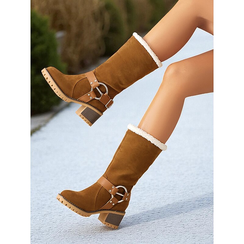 Women's Faux Suede Ankle Boots with Shearling Cuff and Buckle – Casual Winter Chunky Heel Boots for Outdoor, Travel and Cozy Outfits3