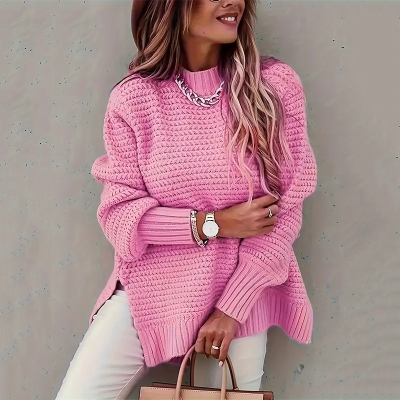 Women's Sweater Fashion Casual Pure Color Ribbed Crew Neck Mock Neck Knitted Long Sleeve Regular Tops Knit Outdoor Daily Weekend Black Pink Fall Winter2