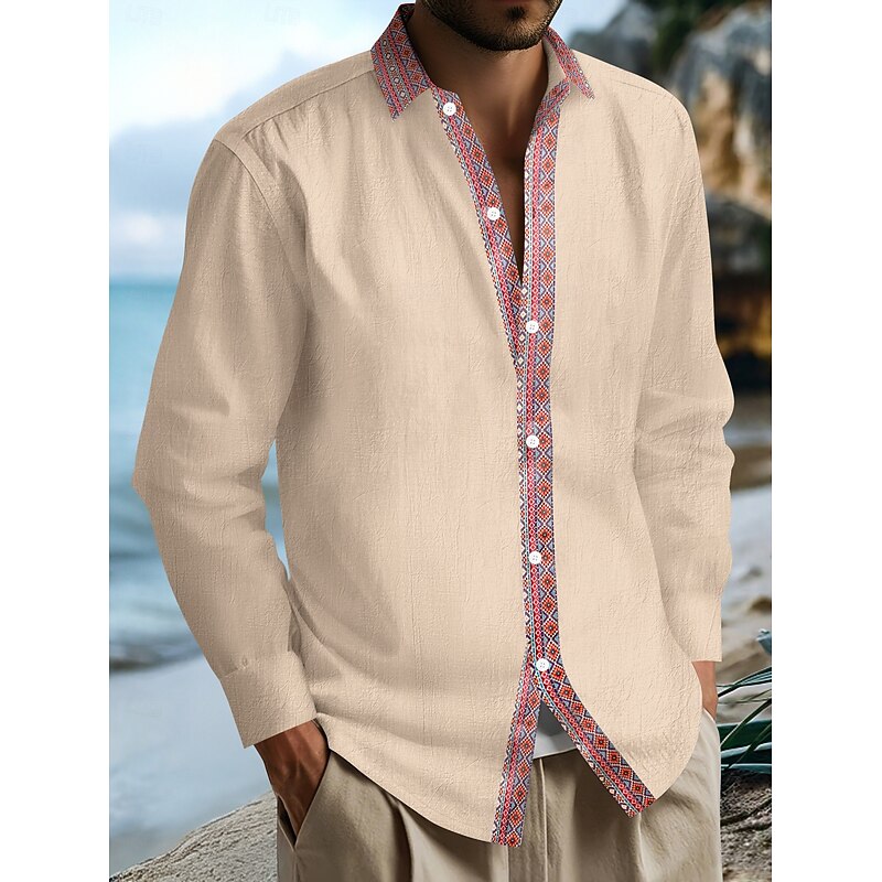 Men's Shirt Linen Shirt Summer Shirt Beach Wear Button Up Shirt Ethnic Shirt Solid Color Vacation Holiday Black White Navy Blue Blue Long Sleeve Lapel Summer Spring Clothing Apparel Patchwork