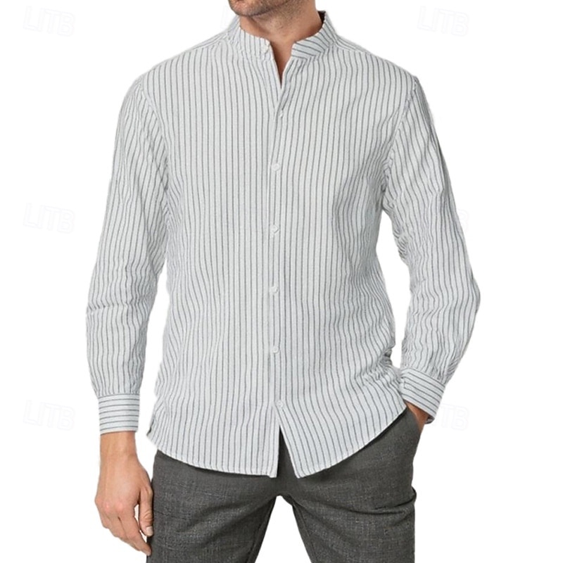 Men's Shirt Summer Shirt Casual Shirt Beach Shirt Button Up Shirt Black White khaki Light Blue Long Sleeve Stripe Band Collar Vacation Hawaiian Clothing Apparel Cotton And Linen Fashion Casual