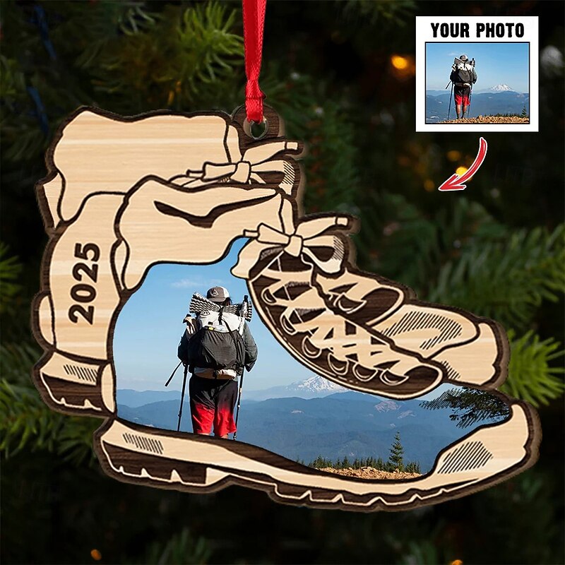 Personalized Photo Christmas Hiking Boots Ornament Wooden Custom Christmas Gift Idea For Camping Lover Xmas Tree Ornaments Decoration Hanging Pendant4