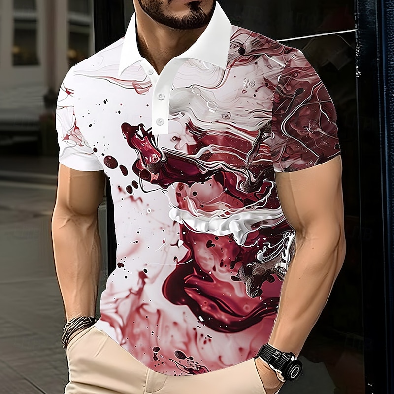 Men's Marble Polo Short Sleeve Polo Shirts Lapel Casual Athleisure Daily Wear 3D Print Buttons Summer Red Blue Green3