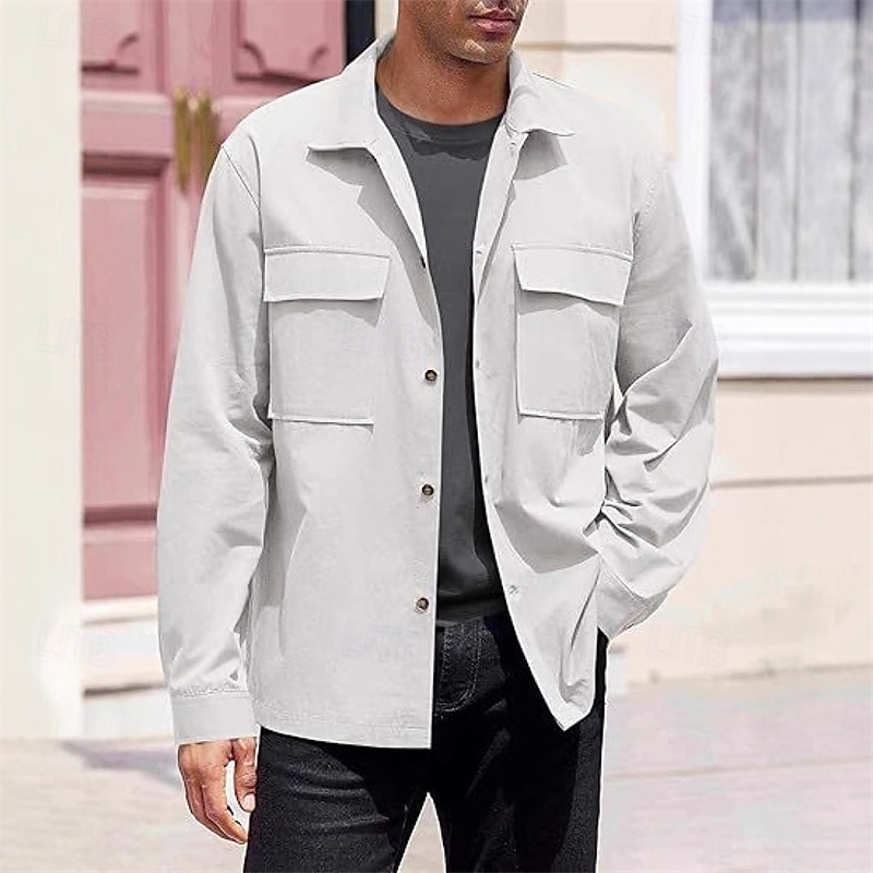 Men's Lightweight Jacket Shirt Jacket Casual Jacket Shacket Vacation Daily Breathable Pocket Spring Fall Plain Fashion Classic Lapel Regular Black White Khaki Army Green Gray Jacket3
