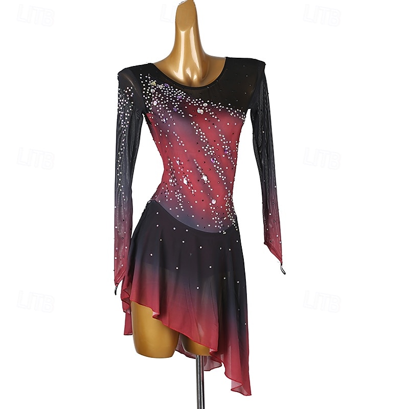 Figure Skating Dress Women's Girls' Ice Skating Dress Black+Red Patchwork Open Back Mesh Spandex High Elasticity Training Practice Professional Skating Wear Classic Crystal / Rhinestone Long Sleeve2
